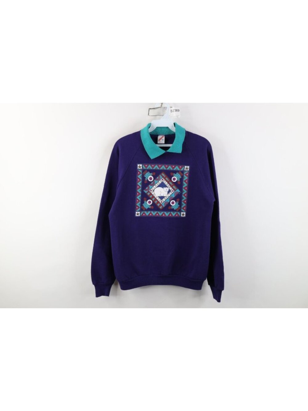 Vintage 90s Womens Medium Faded Alaska Eskimo Aztec Collared Sweatshirt USA